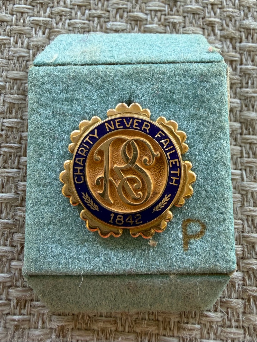 Charity Never Faileth 1842 Gold and Navy Enamel Pin